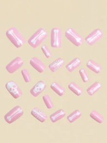 24 Peças Unhas Postiças de Caveira Rosa Halloween, Suprimentos de Manicure Fofa Y2K - Rosa chiclete - Visão 3