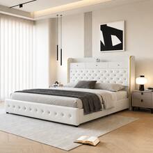 SIBEDS LED Platform Bed Frame With Galaxy Aurora Star Projector, Modern PU Diamond Tufted Upholstered Bed With 52" Tall Headboard, 2 Storage Drawers, Charging Station, Noise-Free Wooden Slats, No Box Spring Needed, Black - 白色 - 查看 3
