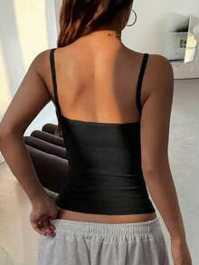 Camiseta de tirantes de unicolor cómoda para mujer, primavera/verano, minimalista y casual, color chocolate, simple y versátil, sexy, camiseta interior de terciopelo, ajustada y casual, suave terciopelo, adecuada para viajes, escuela, citas diarias, ir al trabajo, vacaciones, color negro - Negro - Ver 3