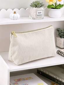 1/2 Set Solid Color Striped Multi-Function Large Capacity Stationery Pouch Student Pencil Case (Fuzzy Style) Back To School Stationery Pencil Bag - Apricot - View 1
