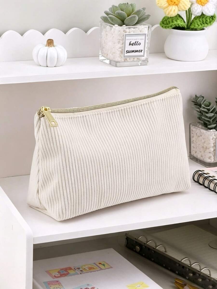 1/2 Set Solid Color Striped Multi-Function Large Capacity Stationery Pouch Student Pencil Case (Fuzzy Style) Back To School Stationery Pencil Bag - Apricot - View 1