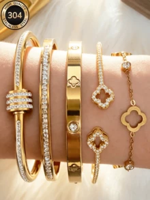 ZCNC Znice New 5-Piece Bracelet Set, Fashion Stainless Steel + Copper Plated 18K Gold, Women's Floral Rhinestone Bracelet & Bracelet Combination, Lucky Four-Leaf Clover And Sparkling Square Diamond Bracelet Set, Suitable For Women's Daily Wear, Holiday Gift, Fashionable Women's Bracelet Set - Gold - View 3