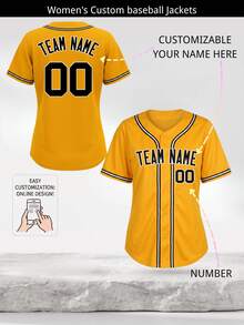 Customized Women's Baseball Jersey Personalized Yellow Shirt, Custom Team Name & Number Sports Uniform T-Shirt Summer - Yellow - View 2