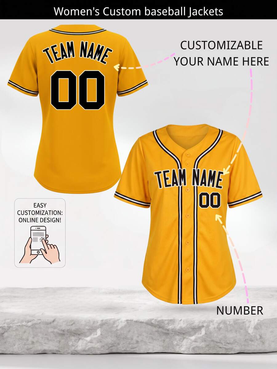 Customized Women's Baseball Jersey Personalized Yellow Shirt, Custom Team Name & Number Sports Uniform T-Shirt Summer