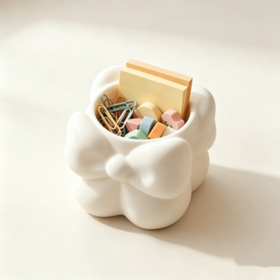 1pc Aesthetic Bow Ceramic Pen Holder, Cute Cloud Shaped Desktop Storage Box, Minimalist Cream Color Makeup Brush Holder, Japanese Style Cute Desktop Decor Storage Cup, Suitable For Stationery And Cosmetics, Perfect Room Decor Gift For Girls