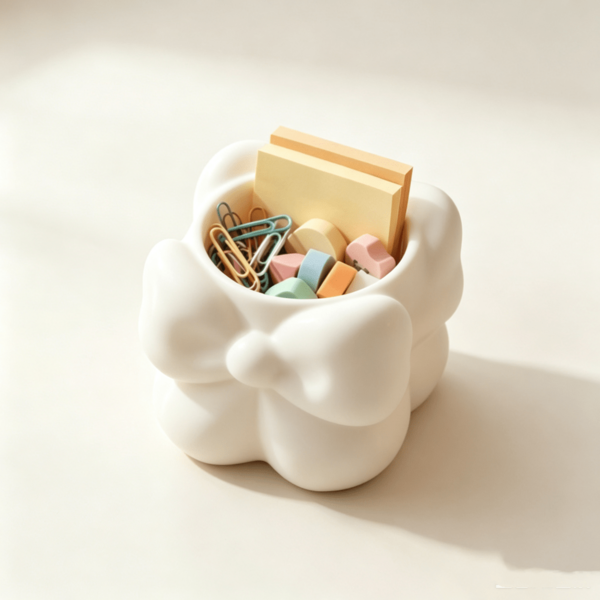 1pc Aesthetic Bow Ceramic Pen Holder, Cute Cloud Shaped Desktop Storage Box, Minimalist Cream Color Makeup Brush Holder, Japanese Style Cute Desktop Decor Storage Cup, Suitable For Stationery And Cosmetics, Perfect Room Decor Gift For Girls