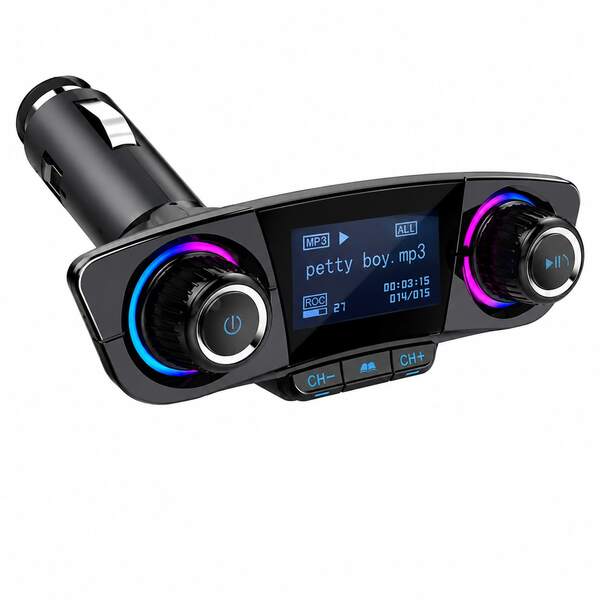 Car Wireless FM Transmitter, Bluetooth 5.0 Car Radio Adapter (Hands-Free Calling Supported), USB Car Charger, TF Card/USB Flash Drive Music Player, AUX Audio Output, 1.3-Inch LCD Display, 12V-24V Car Audio Adapter