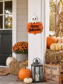 1pc-Happy Halloween Cute Ghost 3D Wooden Hanging Sign, Orange Bat Star Wall Plaque, Farmhouse Autumn Fall Home Decor, Vintage Halloween Entryway Front Door Wall Ornament, Halloween Party Decorative Gift For Home Indoor - Multicolor - View 7