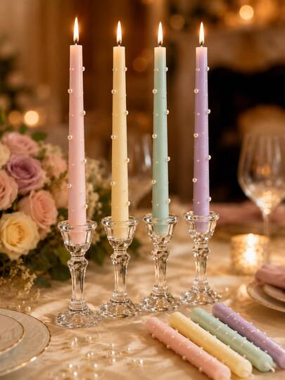 4pcs Macaron Color Pearl Long Stem Candles, Smokeless Soy Wax Candles, Suitable For Wedding Dinner Table, Home Decor, Party, Romantic Atmosphere
