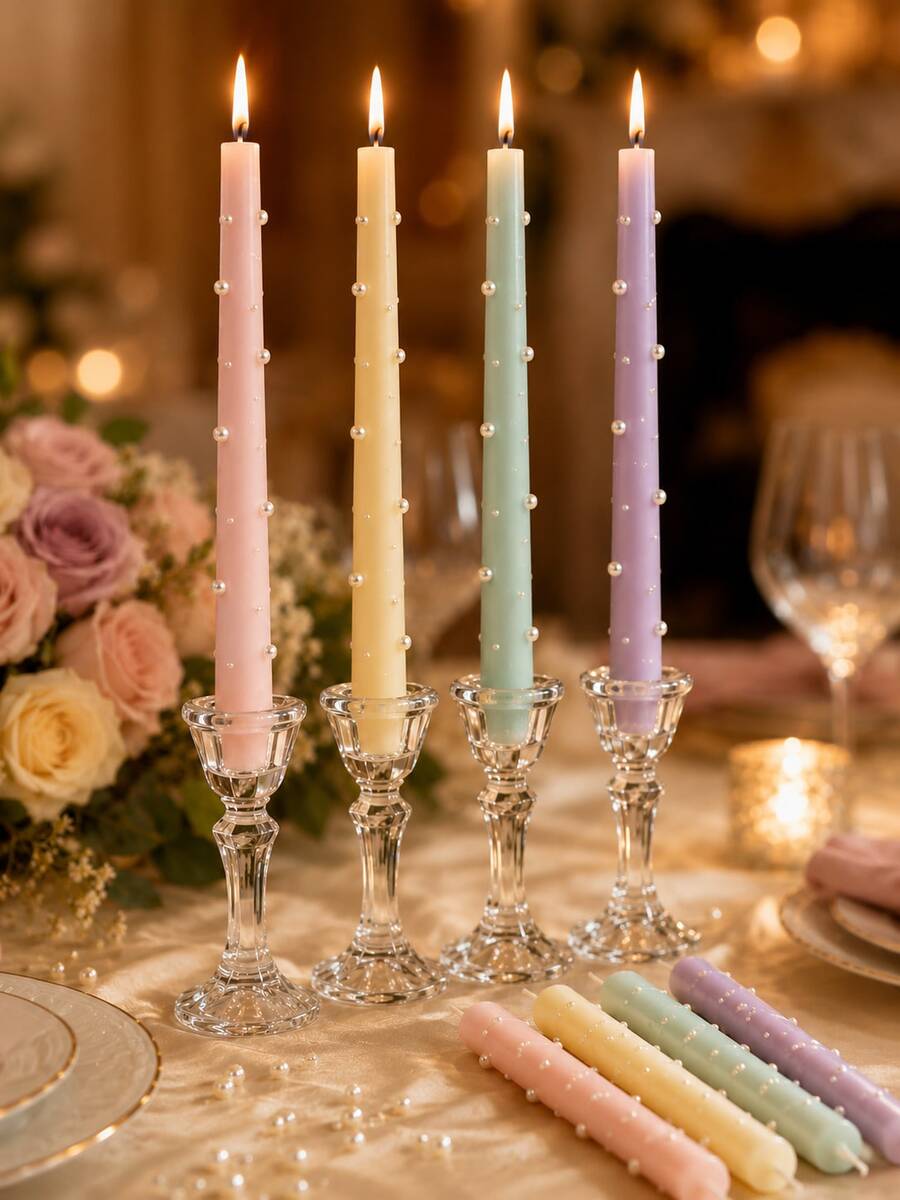 4pcs Macaron Color Pearl Long Stem Candles, Smokeless Soy Wax Candles, Suitable For Wedding Dinner Table, Home Decor, Party, Romantic Atmosphere - Multicolor - View 1