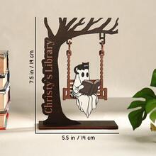 1pc Customizable Wooden Ghost Book Tree Stand Decor, Chilling Ghost On Swing - Cute Ghost Decoration, Library Sign, Adopt A Ghost, Reading Decor, Halloween Decor, Autumn Decor, Book Lover Gift, Desk Ornament - Multicolor - View 3