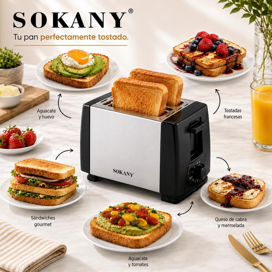 Tostadora Eléctrica Sokany SK-016S 2 Rebanadas Acero Inoxidable 700W 6 Niveles De Tostado Ranuras Anchas Compacta Para Pan Desayuno Sandwich Toaster Hogar Cocina Moderna Premium - Tipo de Enchufe A Japonés (100V) - Ver 1