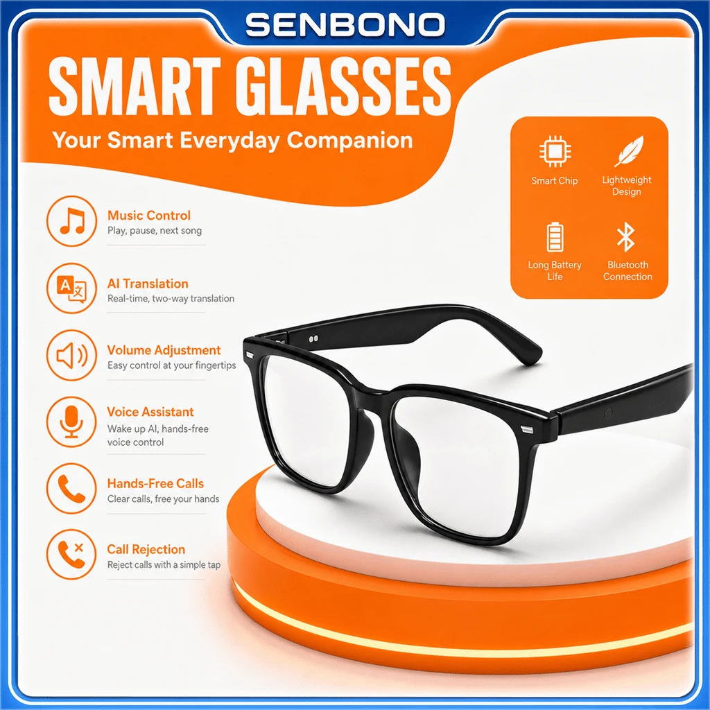 SENBONO New AI Translation Smart Audio Glasses, Hall Sensor One-Click Start, Flexible Frame, More Comfortable Wear, Supports Wireless Calls, Music Playback, Hands-Free Phone, Camera Control, Voice Wake-Up, Unisex Fashion Smart Glasses - View 1