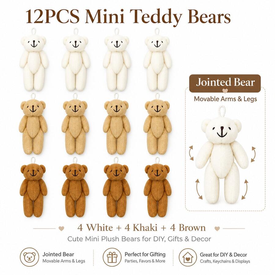 12PCS Mini Plush Teddy Bear Keychain Charms, 3 Color Mixed Set, Cute Bag Pendant/Keyring Decor, Valentine Gift & Party Favor - 12 Pcs - View 1