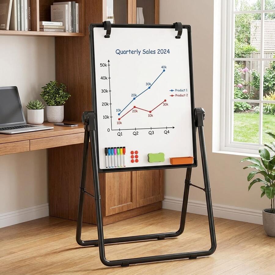 ホワイトボード 両面 U型 自立式 57×77cm スタンド脚付き 360°回転 マグネット対応 無段階高さ調整 折りたたみ式 プロ用 事務所 会議室 セミナー 掲示板 事務用品 安定性 シンプル ブラック - 調節可能 - チェックする 1