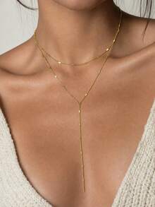1pc Minimalist Exquisite Bohemian Y2K Layered Y-Shaped Lasso Necklace, Delicate Stainless Steel Bead Chain, Women's Summer Versatile Daily Jewelry - Yellow Gold - View 4