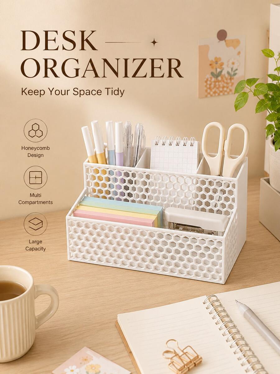 Desktop Storage Organizer Rack, Honeycomb Hollow Design, Multi-Layer Multi-Compartment Shelf, Suitable For Office Supplies And Student Desk Clutter, Innovative Back-To-School Season Gift, Fit For Office Desk And Study Table