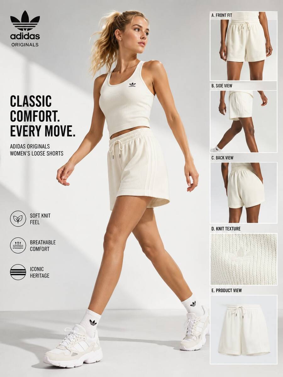 Ribbed Knit Drawstring Shorts | Adidas Women's Loose Breathable Casual Sports Home Shorts - White - View 1