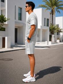 2pcs/Set Men's Unique Striped Print Summer Outfit, Including Round Neck Short Sleeve T-Shirt And Drawstring Shorts With Pockets - Light Grey - View 5