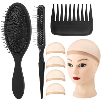 3Pcs Wig Brush Comb Set With 4Pcs Wig Caps, Professional Hair Extension Loop Brush 3 Row Wire Brush Wide-Tooth Comb For Human And Synthetic Hair