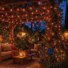 Solar Powered Moroccan Ball String Lights, Red LED Outdoor Garden Yard Decoration, Solar Powered Hanging Ball Fairy Lights, 8 Flashing Modes, Suitable For Balcony Fence Yard Party Holiday Home Decor - Red - View 10