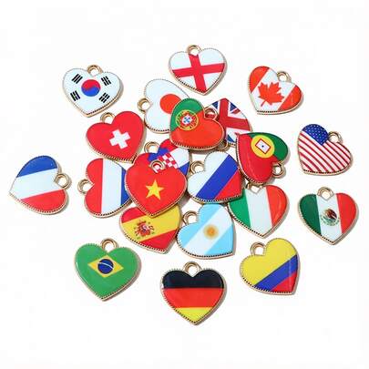 10 peças de pingentes de coração em esmalte com bandeiras nacionais de países, 15x16 mm, acessórios para fabrico de joias DIY para colares e brincos