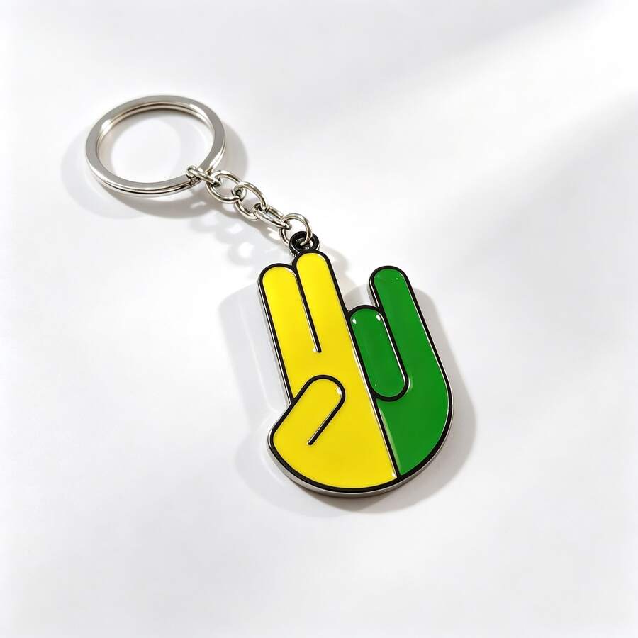 1pc Yellow-Green Peace Sign Enamel Keychain, Cartoon Gesture Metal Pendant, Fun Hip-Hop Bag Charm, Positive Energy Accessory, Suitable For Student Party Gift - Multicolor - View 1