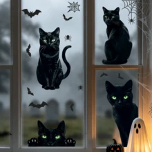 1/3 pezzi Adesivi statici per finestre con gatto nero, pipistrello e ragnatela, rimovibili e riutilizzabili, adatti per casa, ufficio, casa stregata, escape room, vetri delle finestre, creano atmosfera di Ognissanti, decorazione di Ognissanti - Adesivo per finestre con gatto nero - Visualizzare 7