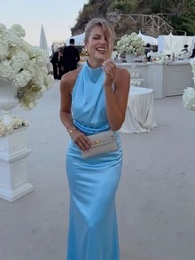 Conjunto de verano para mujer, vestido de noche formal elegante con curvas para mujer, vestido de noche elegante, ropa de verano para mujer, ropa de otoño para mujer para fiesta y boda - Celeste - Ver 4