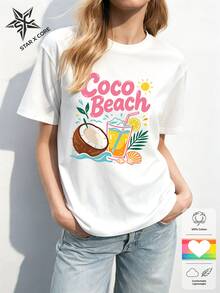 تي شيرت قطني بطباعة كوكتيل وجوز الهند بتصميم استوائي حديث من COCO BEACH لعطلة الصيف في الصيف - أبيض - مشاهدة 4