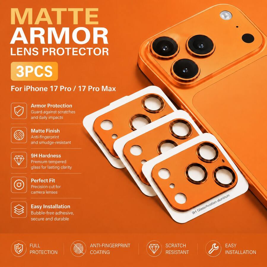 3pcs Camera Lens Protector For IPhone 17 Pro Max - [Unbreakable] [Strong Adhesion] [Compatible With Phone Case] Metal Rear Camera Screen Protector (Orange, Silver, Blue) - Multicolor - View 1