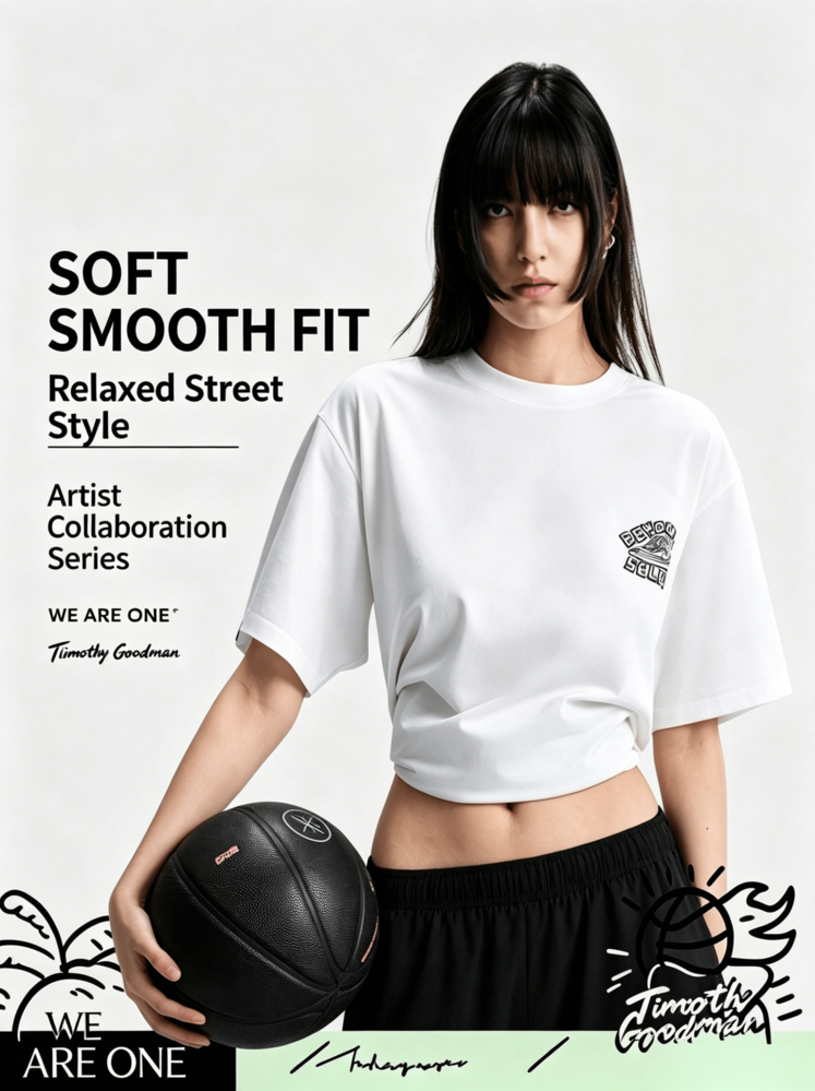 Li-Ning WADE X Timothy Goodman 聯名款 大廓形涼感舒適發光線條印花休閒籃球T恤 AHSW539 - 白色 - 查看 1
