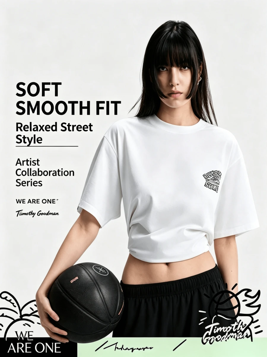 Li-Ning WADE X Timothy Goodman Collaboration Oversized Cool-Touch Comfortable Glowing Line Print Casual Basketball T-Shirt AHSW539 - White - View 1