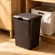38L Wäschekorb im Rattan-Look mit Deckel, Cut Out atmungsaktives Design, staubdichter Klappdeckel und Griffe für einfachen Transport, ideal zum Aufbewahren von schmutziger Wäsche, Handtüchern und Stoffartikeln in Badezimmern und Schlafzimmern - Verschiedenfarbig - Übersicht 3