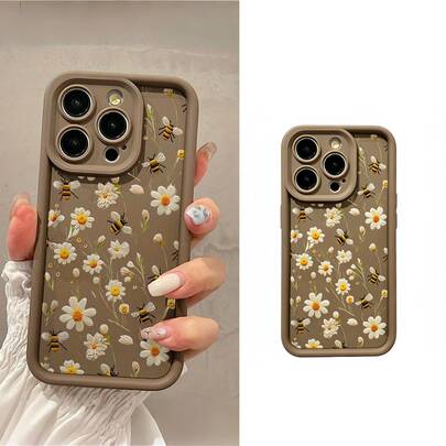 Vintage Coffee Daisy & Bee Phone Case, Full Coverage Matte Silicone Soft Shell, Gentle Floral Pattern, Autumn/Winter Versatile Anti-Drop, Compatible With Apple 6/7/8/X/Xs/Xr/Xs Max/11/12/13/14/15/16 Pro Max, Galaxy S22/23/24/S25/A04/05/06/A07/A17/A14/A15/A16/A24/A25/A34, Note 7/8/9/10/11/12/13/14, 9/10/12/13C/14C/A5, Honor X, HW, C53 C55