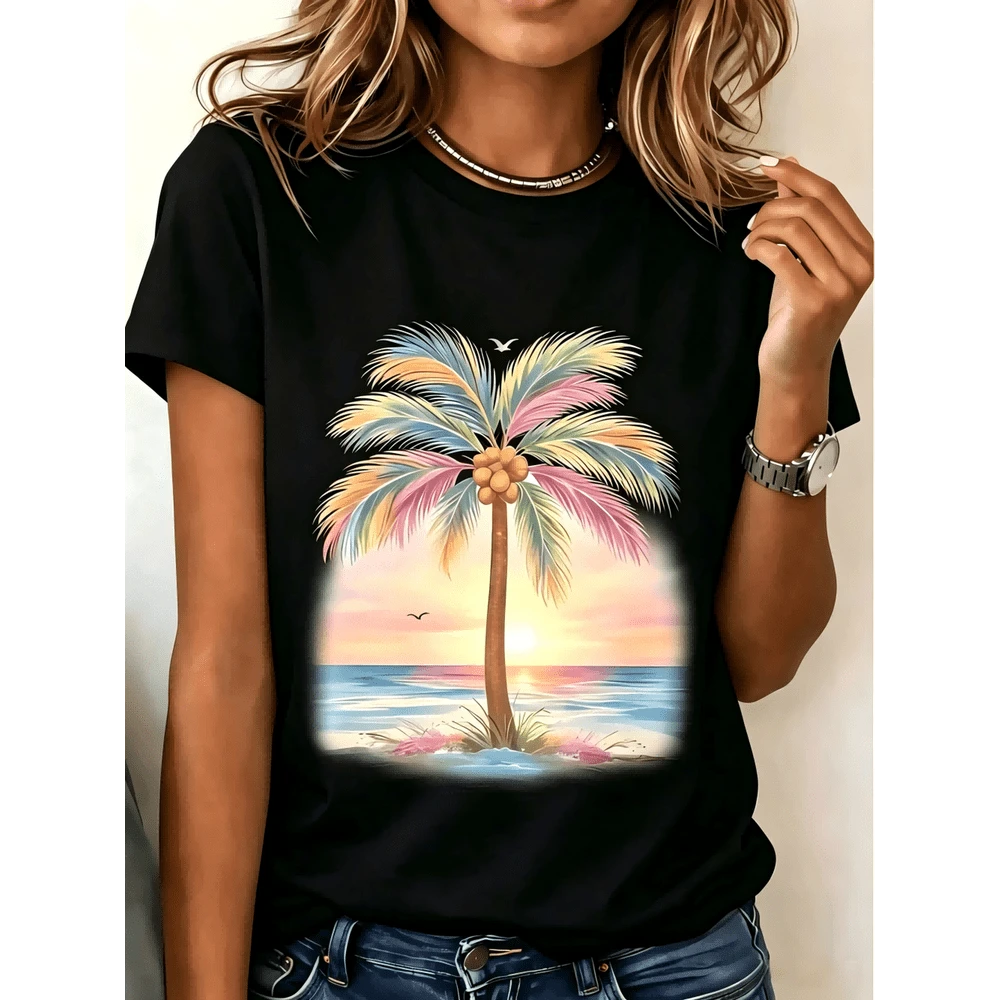 Selamara Women's Palm Tree Pattern Casual Round Neck Short Sleeve T Shirt,Summer Style - 黑色 - 查看 1