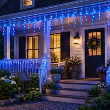 2pcs Solar Powered Blue Icicle String Lights, Outdoor Solar Powered Curtain Fairy Lights, 8 Flashing Modes, Auto On/Off, Blue LED Hanging Lights, Suitable For Garden, Yard, Fence, Eaves, Porch, Holiday Party Decoration - Blue - View 7