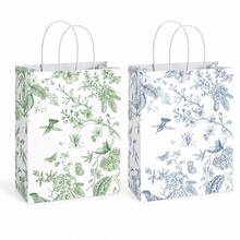 6/12/24Pcs Botanical Toile Print Paper Gift Bags, Green & Blue Floral Bird Pattern Flat Bottom Tote Bags With White Twisted Handles For Wedding, Birthday, BabyShower, Bridal Shower, Mother's Day, Garden Party Gift Packaging - View 1