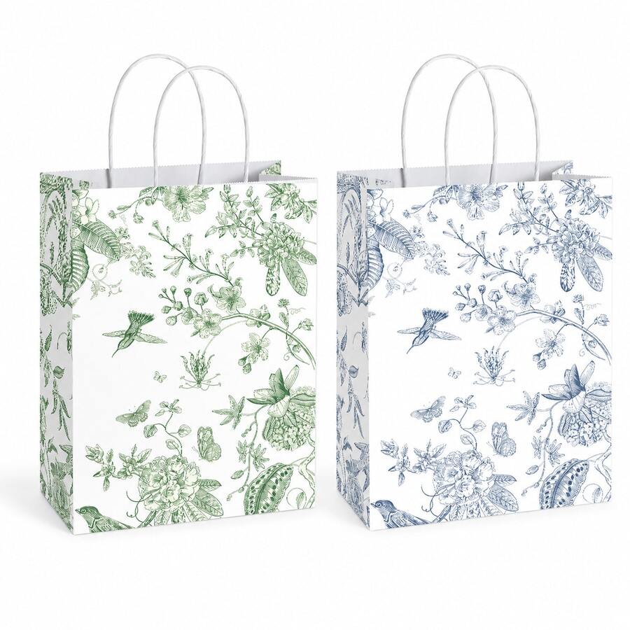 6/12/24Pcs Botanical Toile Print Paper Gift Bags, Green & Blue Floral Bird Pattern Flat Bottom Tote Bags With White Twisted Handles For Wedding, Birthday, BabyShower, Bridal Shower, Mother's Day, Garden Party Gift Packaging - View 1