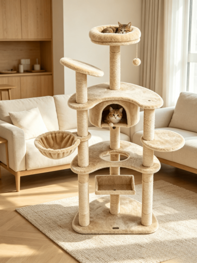 1pc Multi-Functional Sisal Cat Tree With A Viewing Perch On The Top And A Hanging Hammock On The Side, Featuring A Stable Base Suitable For Both Kittens And Adult Cats.