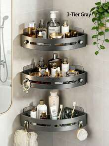 1/2/3pcs No-Drill Triangular Shower Caddy, Black/Grey Wall-Mounted Bathroom Storage Rack, Kitchen Corner Storage Shelf, PP Material, With Drainage Holes, Easy Installation, Suitable For Kitchen, Bathroom, Dining Room - Multicolor - View 4