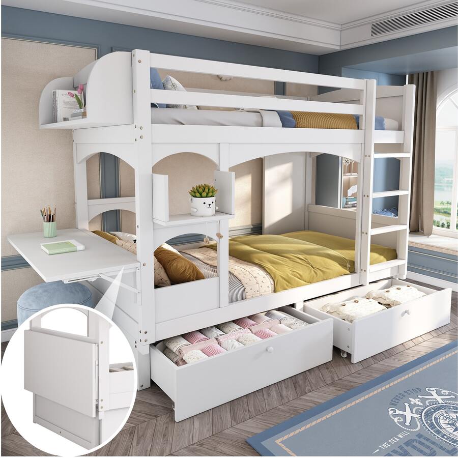 Kids Double Bed Frame With Folding Desk And Shelf, Includes Ladder And 2 Drawers, - White - View 1