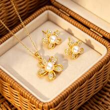1 Set Stainless Steel Chain Zirconia Flower Faux Pearl Pendant Women's Fashion Necklace & Earrings Jewelry Set, Gift Accessory - Multicolor a - View 6