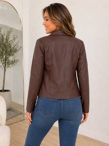 Women's White Leather Jacket Long Sleeve Stylish Winter Blazer Jacket Black Festa Junina - 棕色皮革 - 查看 2