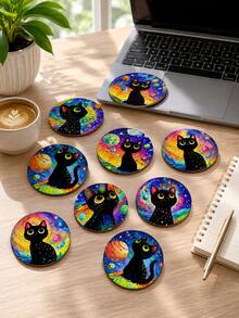 10pcs Galaxy Black Cat Wooden Coasters, Colorful Space Style Round Printed Wood Drink Coaster Set With Star Planet Cat Pattern, Decorative Cup Mats For Coffee Table Bedroom Party Decor - F - View 7