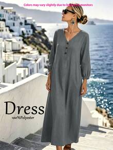 Robe élégante et décontractée en tissu tissé de couleur unie avec boutons pour femmes, pour les vacances, la plage, le quotidien et la maison - Gris pâle - Voir 3