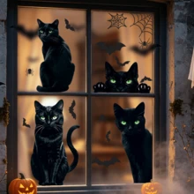 1/3 pezzi Adesivi statici per finestre con gatto nero, pipistrello e ragnatela, rimovibili e riutilizzabili, adatti per casa, ufficio, casa stregata, escape room, vetri delle finestre, creano atmosfera di Ognissanti, decorazione di Ognissanti - Adesivo per finestre con gatto nero - Visualizzare 3
