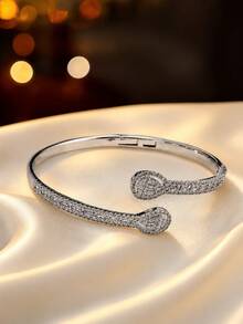 1pc Luxury Double Pear-Shaped Water Drop Open Cuff Bracelet, Hollow Water Drop Design, Elegant Women's Daily & Evening Wear Thin Bangle - Bracelet - View 4