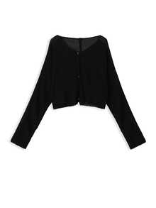 Women's Semi-Sheer V-Neck Cover Up, Long Sleeve Button Front Short Cover Up, Dropped Shoulder Design, Lightweight Cover-Up - Black - View 5