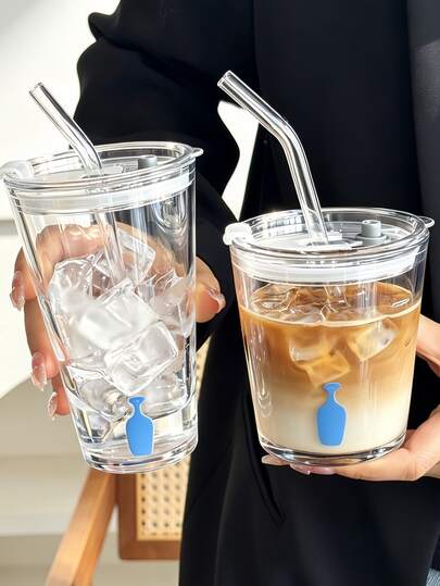 1pc Minimalist INS Style Fashionable Creative Water Bottle Cup, Transparent Glass Cup With Straw And Lid, Suitable For Drinks, Water, Milk, Coffee, Modern Glass Cup, Suitable For Home, Water Bar, Restaurant, Highly Attractive Glass Cup, Heat-Resistant, Home Decor, Portable, Beverage Container, Restaurant Cup, Birthday Gift, Holiday Gift